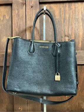 Michael Kors Black Pebbled Leather Satchel with Gold Hardware